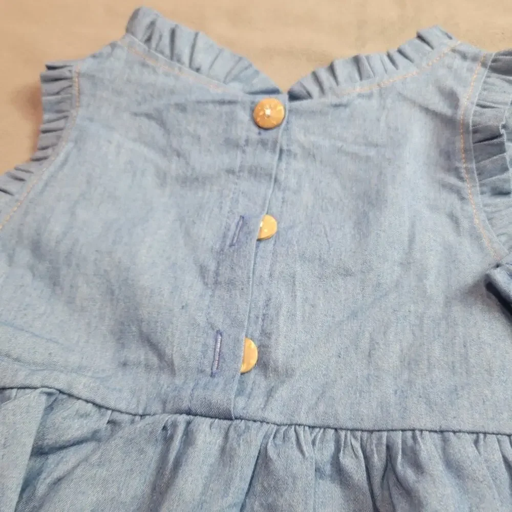 Boutique‎ Dress Girls Blue Pink Embroidered Flowers Chambray Size 18-24 Used
